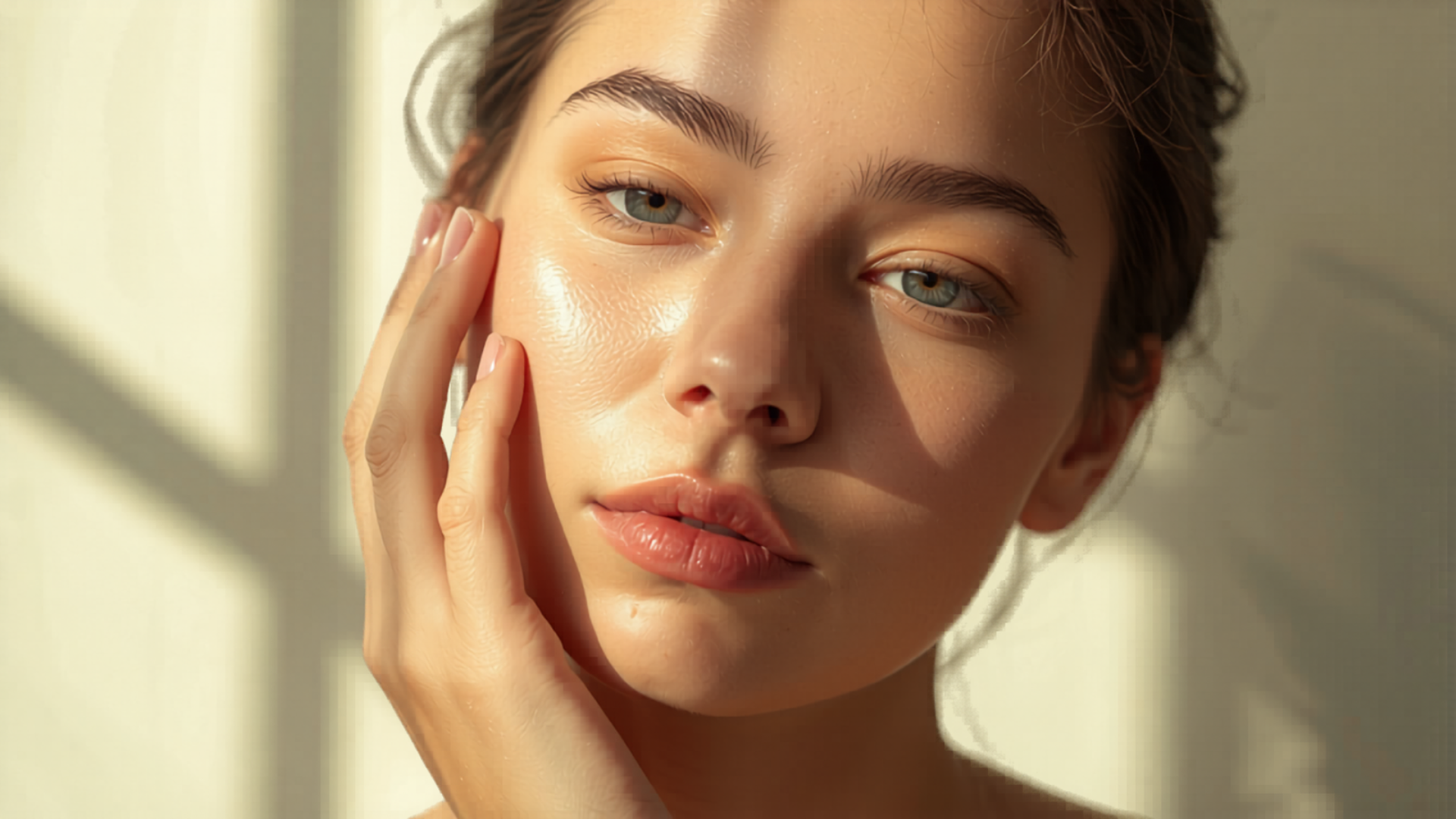 Woman with calm, clear, healthy skin gently touching her cheek, representing gentle care for sensitive acne-prone skin